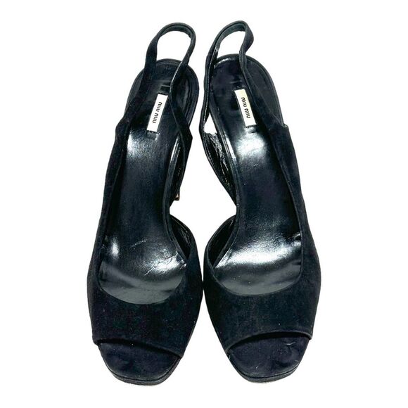 MIU MIU Black Suede Leather Platform Slingback Pumps Heels Peep Toe 40 10 - Picture 5 of 16